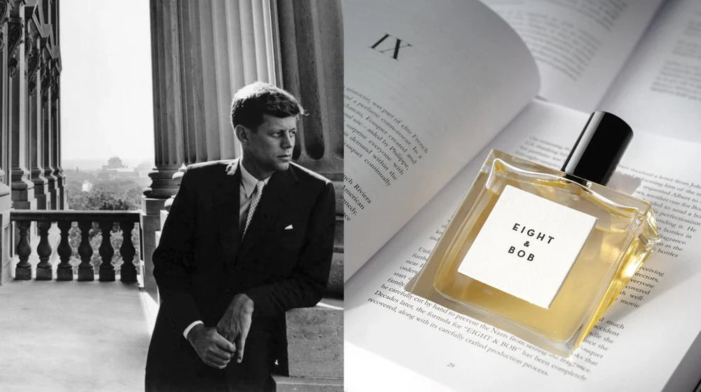 A split image: the left half shows a black-and-white portrait of John F. Kennedy in a suit, and the right half shows a clear rectangular perfume bottle filled with pale amber liquid, labeled 'EIGHT EIGHT', resting on open book pages.
